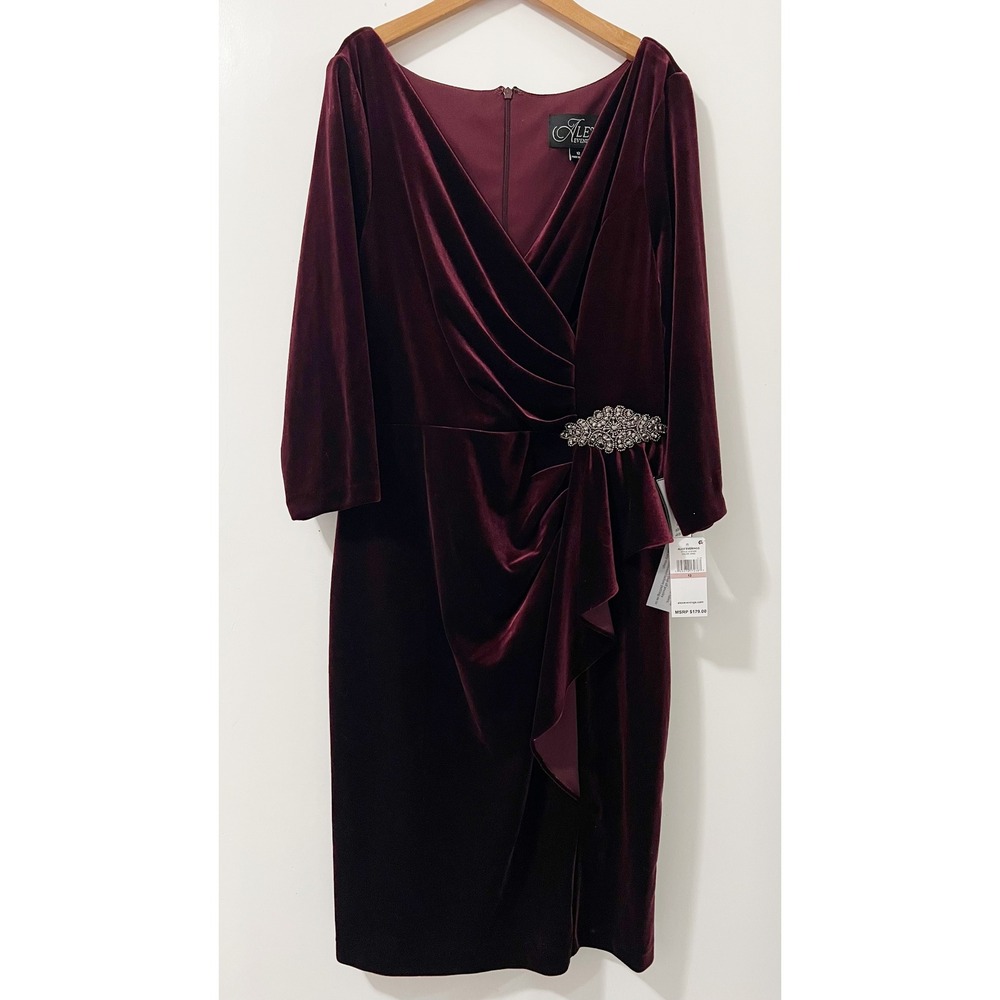 Alex Evenings Velvet Ruched Embellished Sheath Dress Burgundy Size 12 - Picture 2 of 10